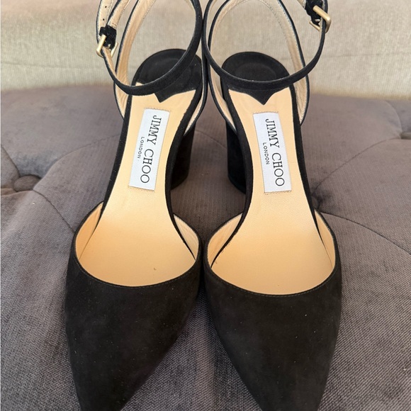 Jimmy Choo Shoes - Jimmy Choo Black Suede Pointed-Toe Ankle-Strap Block Heels